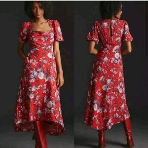 Maeve By Anthropologie Women’s Red puff sleeve Hi Low dress 4